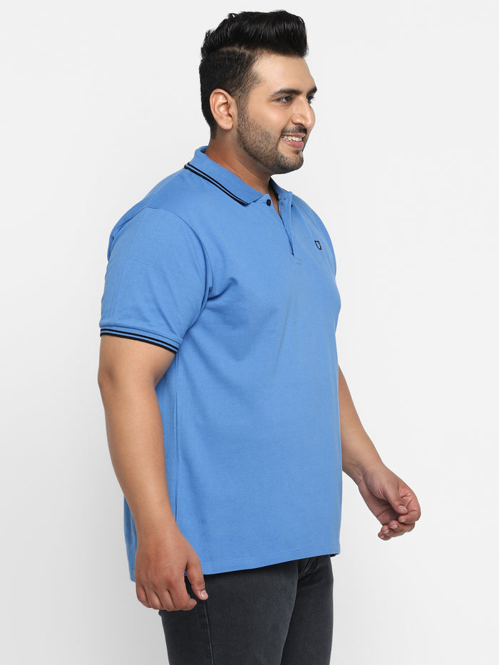 Plus Men's Blue Solid Regular Fit Half Sleeve Cotton Polo T-Shirt