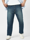 Plus Men's Blue Straight Fit Washed Jeans Stretchable
