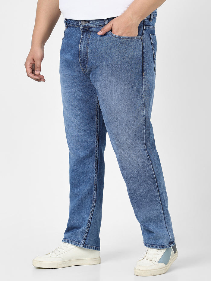 Plus Men's Blue Straight Fit Washed Jeans Stretchable