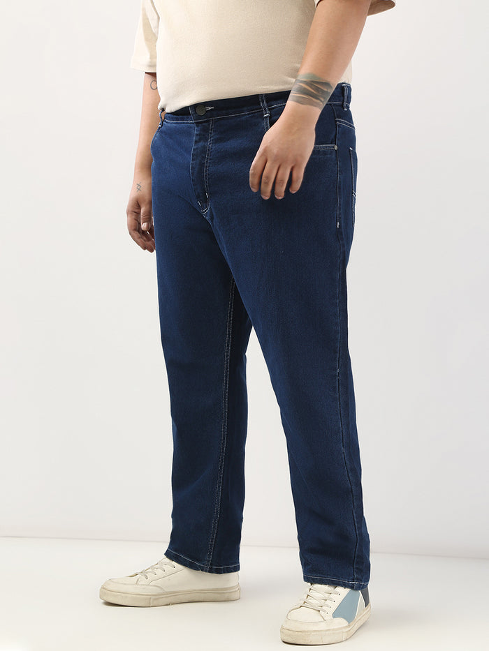 Plus Men's Blue Straight Fit Washed Jeans Stretchable