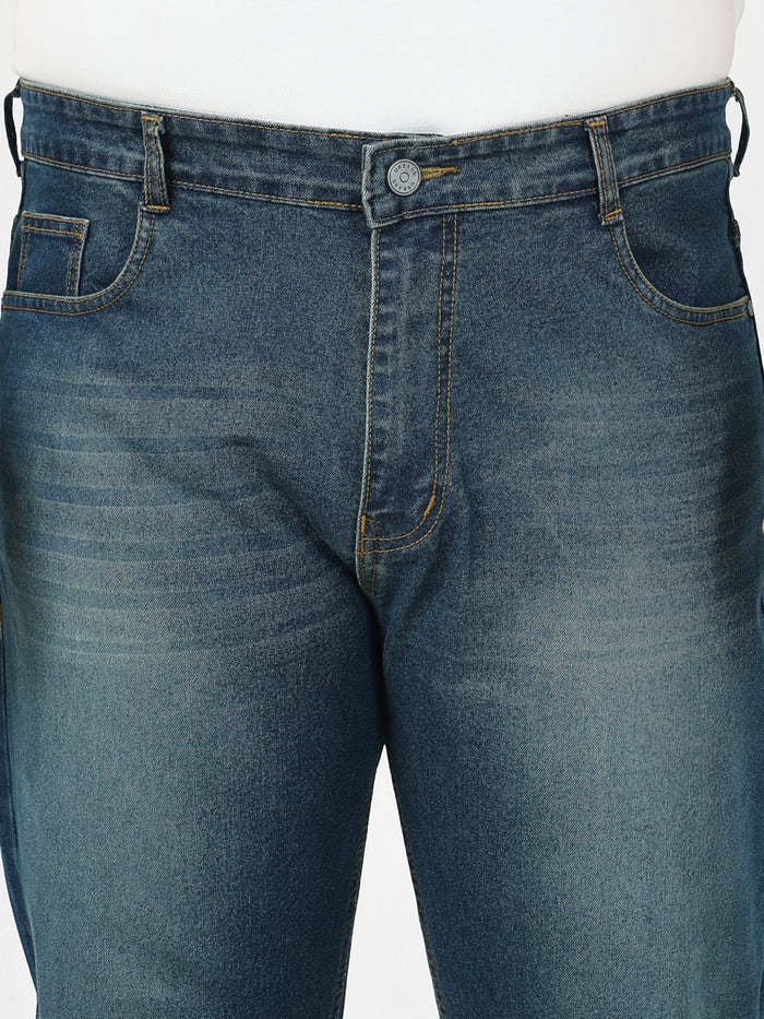 Plus Men's Blue Straight Fit Washed Jeans Stretchable