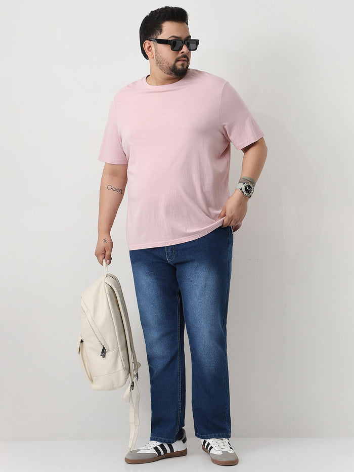 Plus Men's Blue Straight Fit Washed Jeans Stretchable