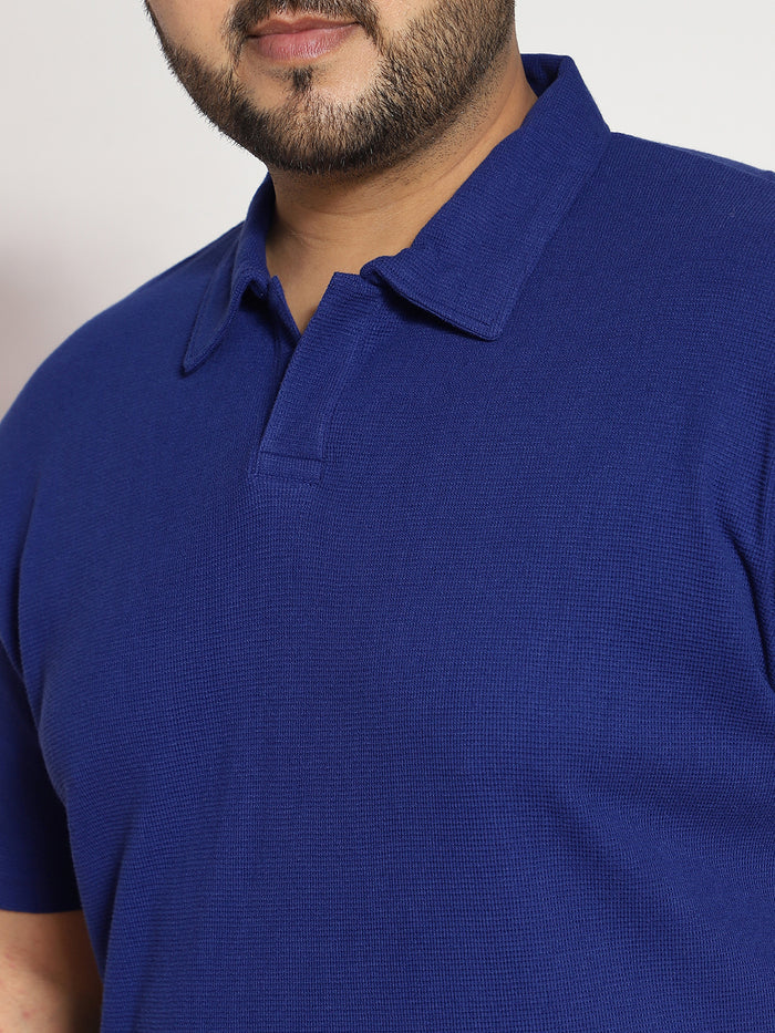 Plus Men's Blue Textured Regular Fit Half Sleeve Cotton Polo T-Shirt