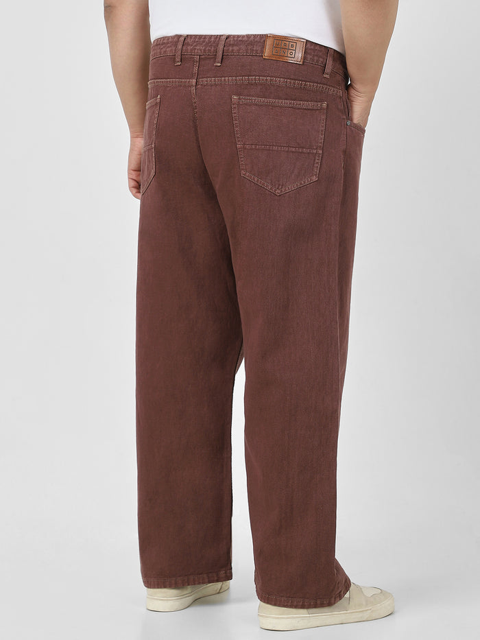 Plus Men's Brown Loose Fit Washed Jeans Non-Stretchable