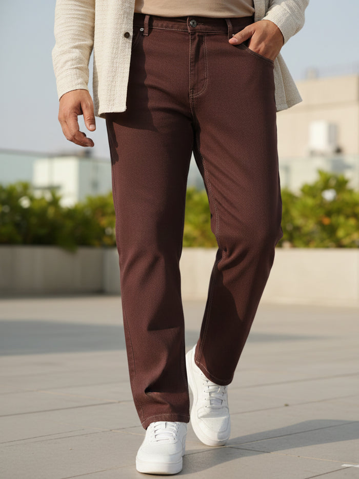 Plus Men's Brown Regular Fit Denim Jeans Stretchable