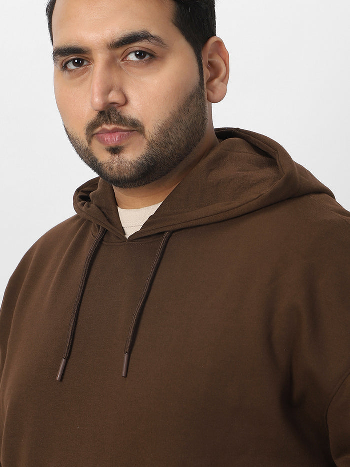 Plus Men's Chocolate Brown Cotton Solid Oversized Hooded Neck Sweatshirt
