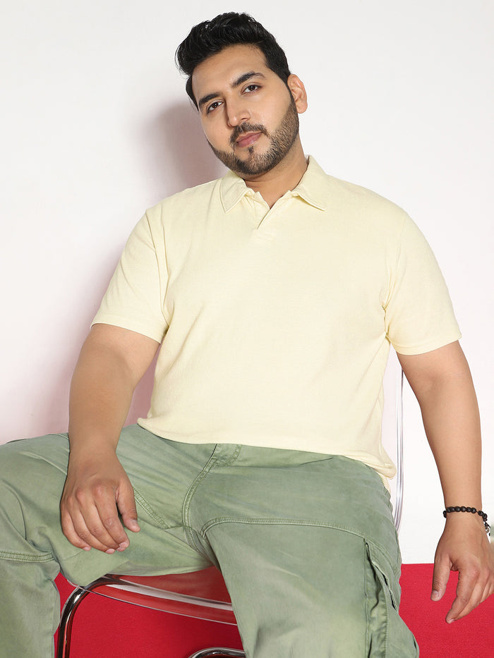 Plus Men's Cloud Cream Textured Regular Fit Half Sleeve Cotton Polo T-Shirt