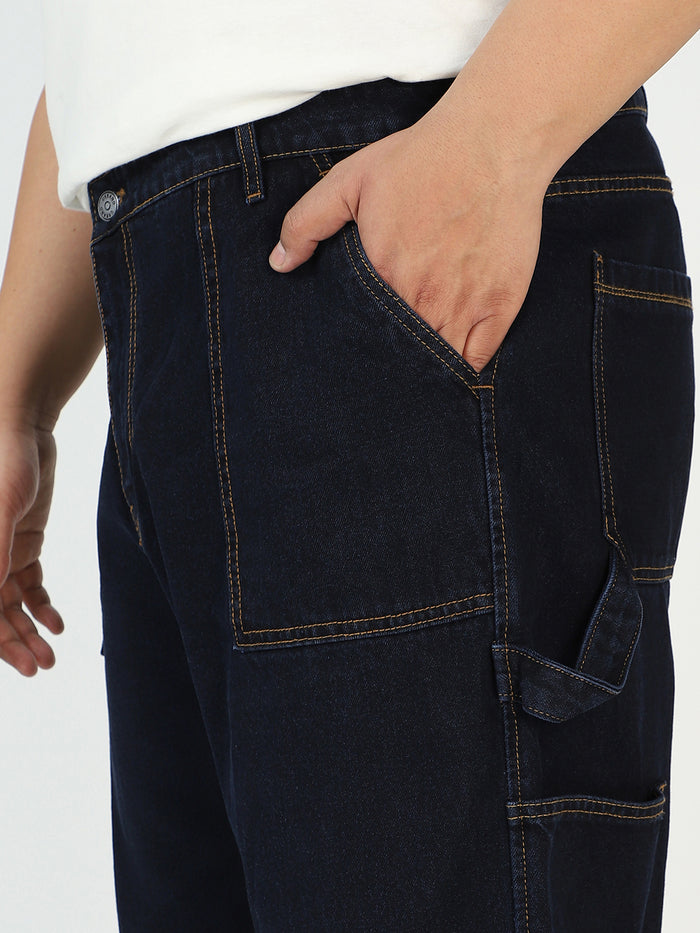 Plus Men's Dark Blue Loose Fit Cargo Carpenter Jeans With 6 Pockets Non-Stretchable