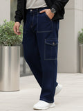 Plus Men's Dark Blue Loose Fit Cargo Jeans with 6 Pockets Non-Stretchable