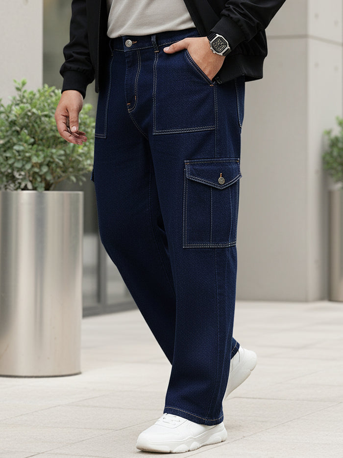 Plus Men's Dark Blue Loose Fit Cargo Jeans with 6 Pockets Non-Stretchable