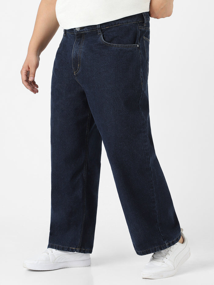 Plus Men's Dark Blue Loose Fit Washed Jeans Non-Stretchable