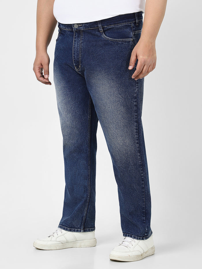 Plus Men's Dark Blue Straight Fit Washed Jeans Stretchable