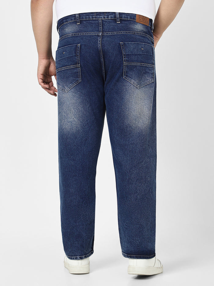 Plus Men's Dark Blue Straight Fit Washed Jeans Stretchable