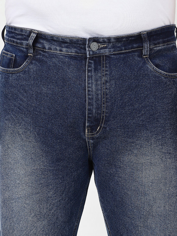 Plus Men's Dark Blue Straight Fit Washed Jeans Stretchable