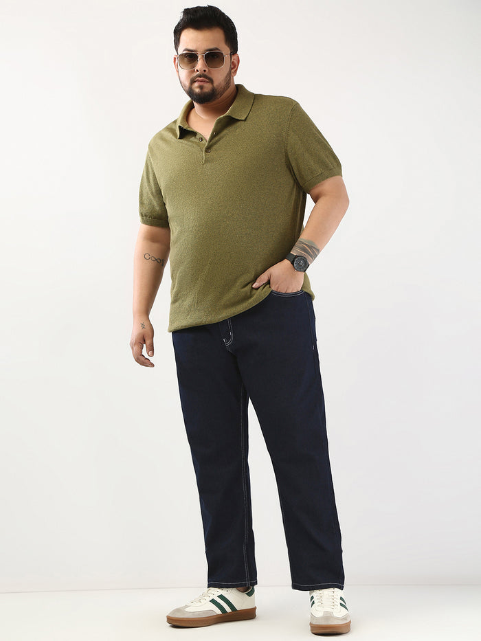 Plus Men's Dark Blue Straight Fit Washed Jeans Stretchable