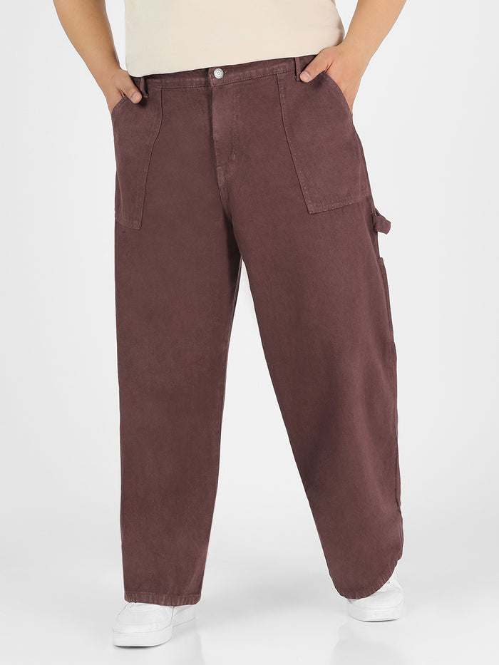 Plus Men's Dark Brown Loose Fit Cargo Carpenter Jeans With 6 Pockets Non-Stretchable