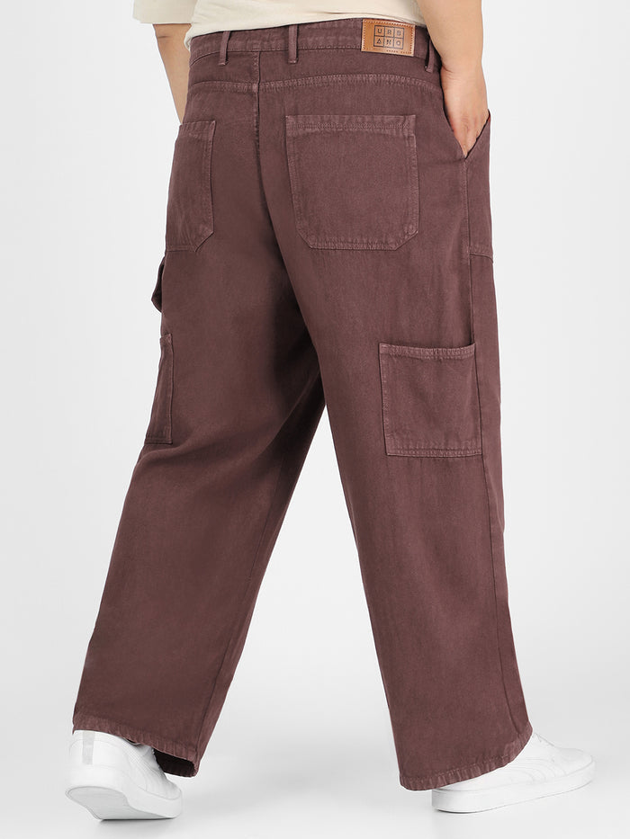 Plus Men's Dark Brown Loose Fit Cargo Carpenter Jeans With 6 Pockets Non-Stretchable