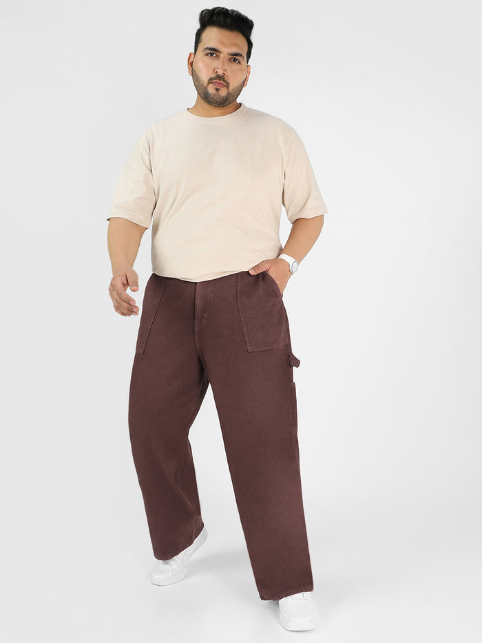 Plus Men's Dark Brown Loose Fit Cargo Carpenter Jeans With 6 Pockets Non-Stretchable