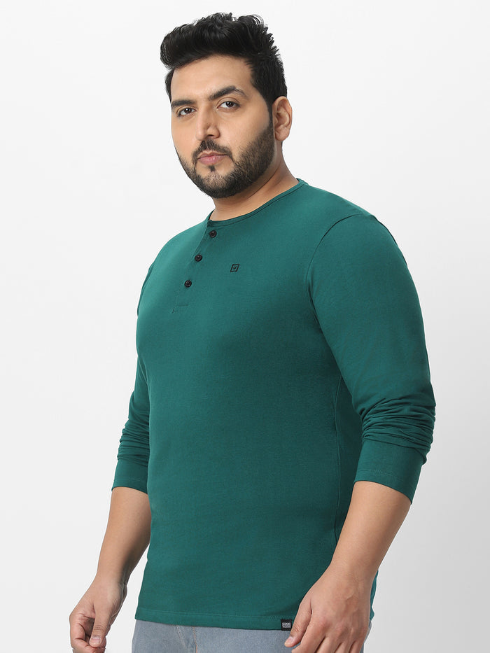 Plus Men's Dark Green Solid Henley Neck Regular Fit Full Sleeve Cotton T-Shirt