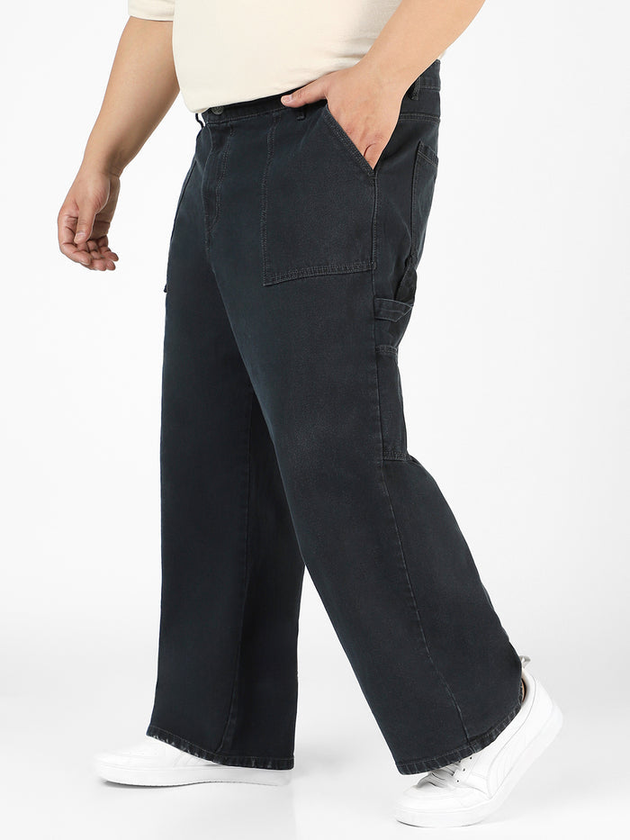 Plus Men's Dark Grey Loose Fit Cargo Carpenter Jeans With 6 Pockets Non-Stretchable