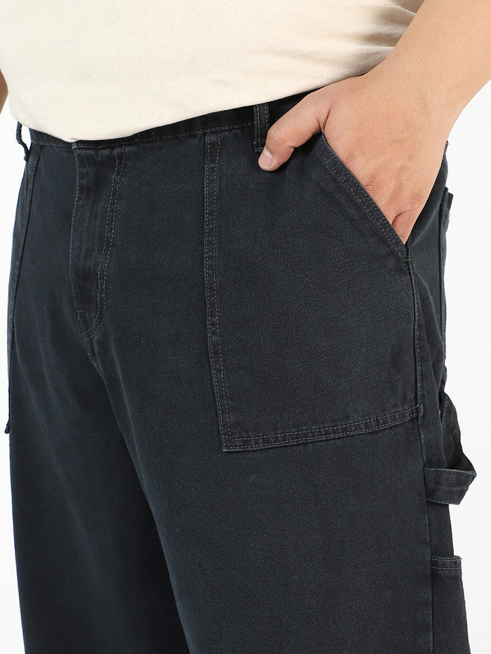 Plus Men's Dark Grey Loose Fit Cargo Carpenter Jeans With 6 Pockets Non-Stretchable