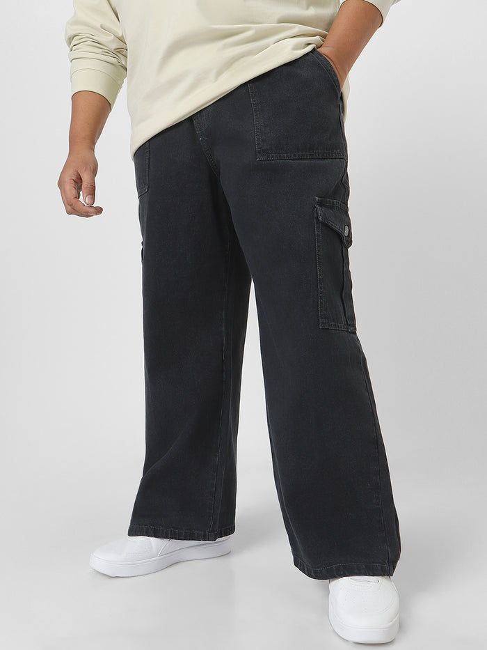 Plus Men's Dark Grey Loose Fit Cargo Jeans with 6 Pockets Non-Stretchable