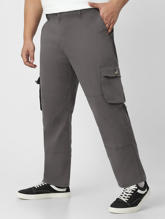 Plus Men's Dark Grey Regular Fit Solid Cargo Chino Pant with 6 Pockets
