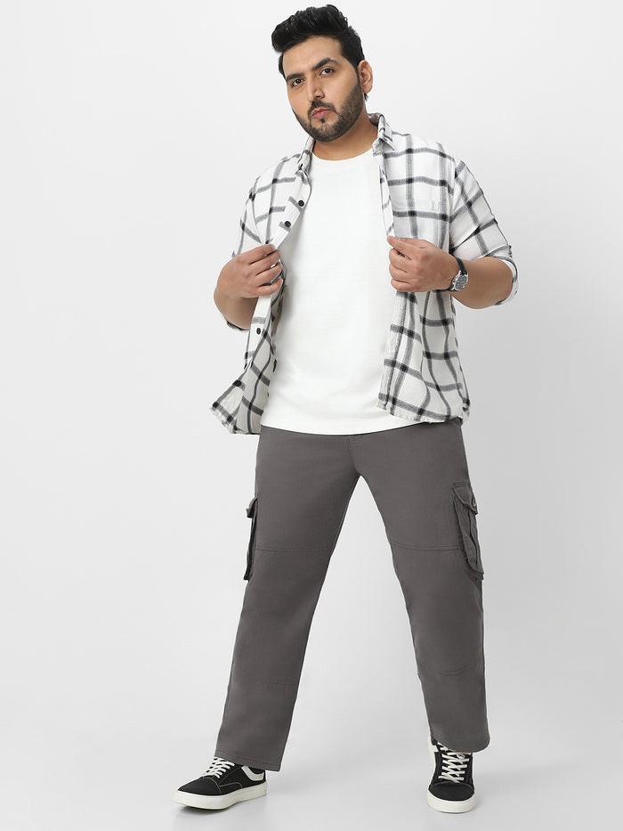 Plus Men's Dark Grey Regular Fit Solid Cargo Chino Pant with 6 Pockets