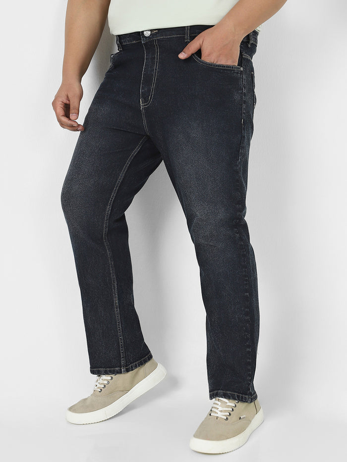 Plus Men's Dark Grey Straight Fit Washed Jeans Stretchable