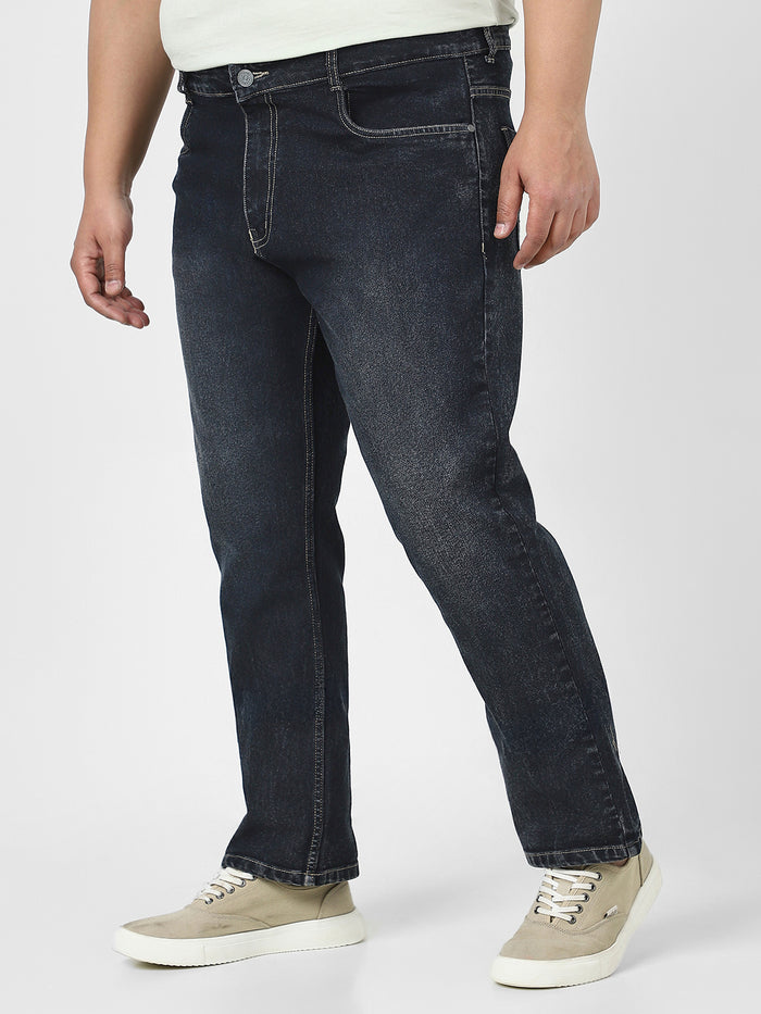 Plus Men's Dark Grey Straight Fit Washed Jeans Stretchable