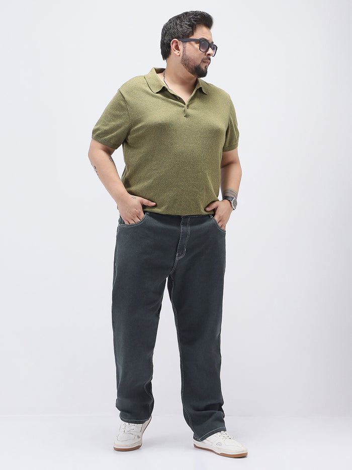 Plus Men's Dark Grey Straight Fit Washed Jeans Stretchable
