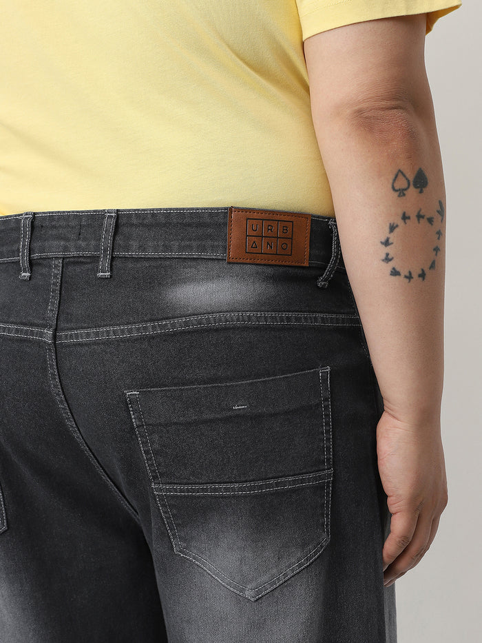 Plus Men's Dark Grey Straight Fit Washed Jeans Stretchable