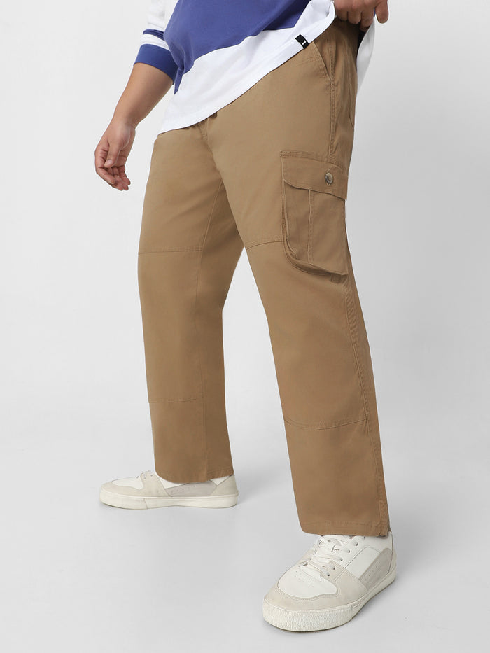 Plus Men's Dark Khaki Regular Fit Solid Cargo Chino Pant with 6 Pockets
