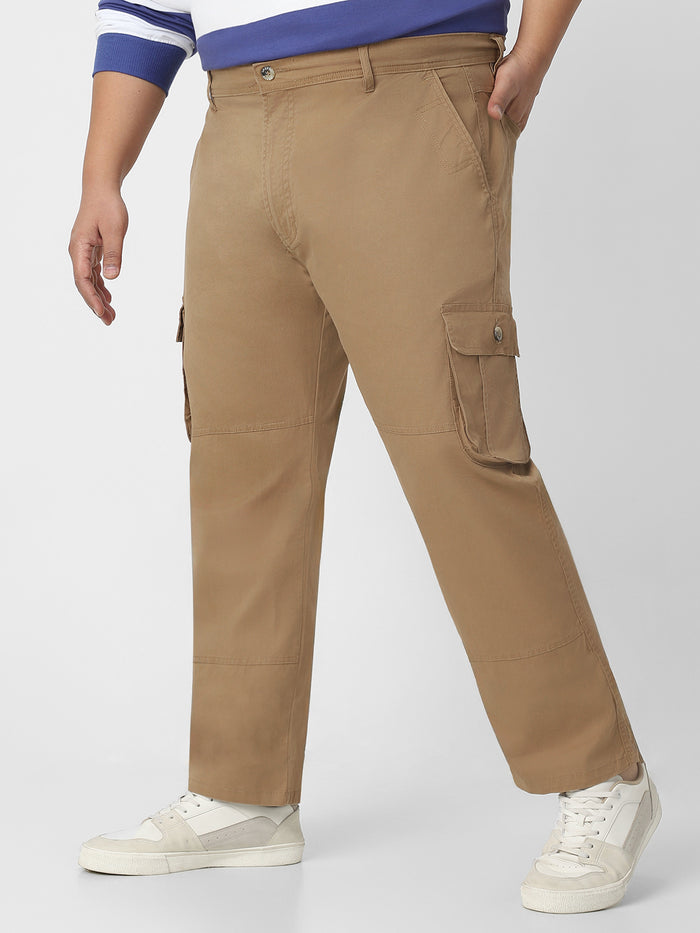 Plus Men's Dark Khaki Regular Fit Solid Cargo Chino Pant with 6 Pockets