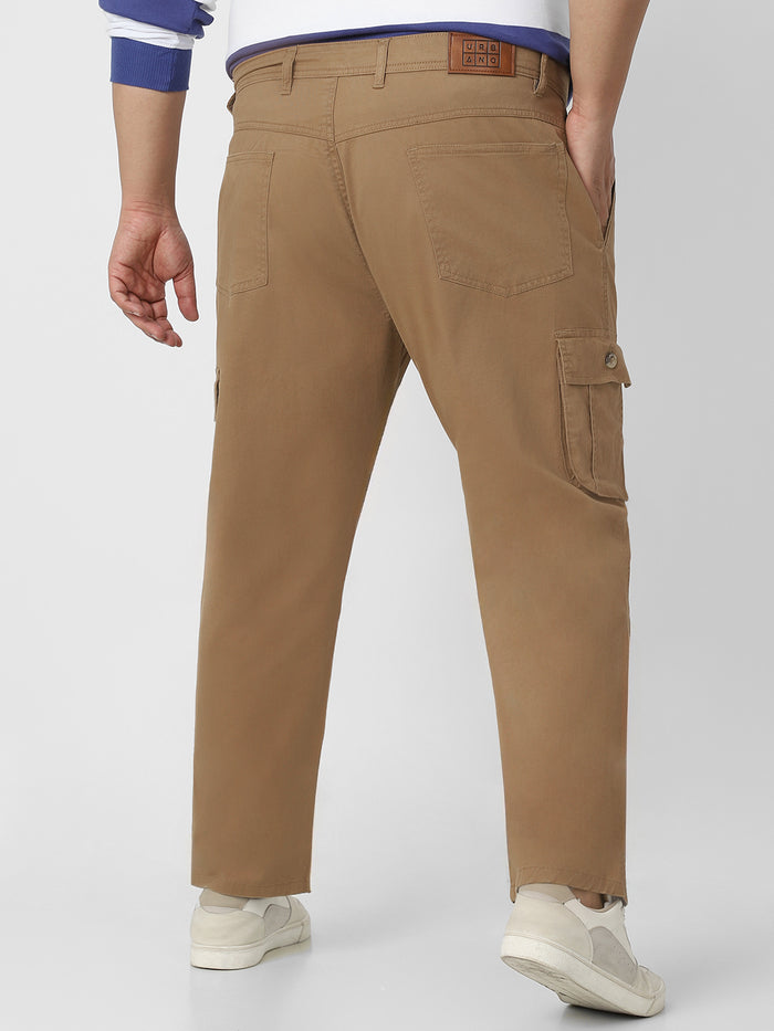 Plus Men's Dark Khaki Regular Fit Solid Cargo Chino Pant with 6 Pockets