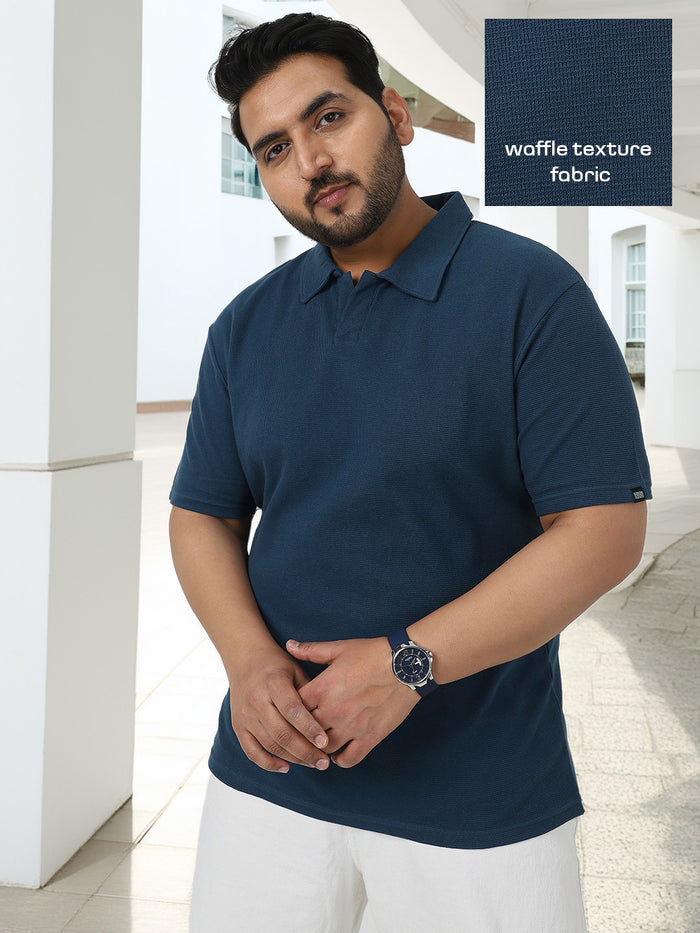 Plus Men's Deep Navy Textured Regular Fit Half Sleeve Cotton Polo T-Shirt