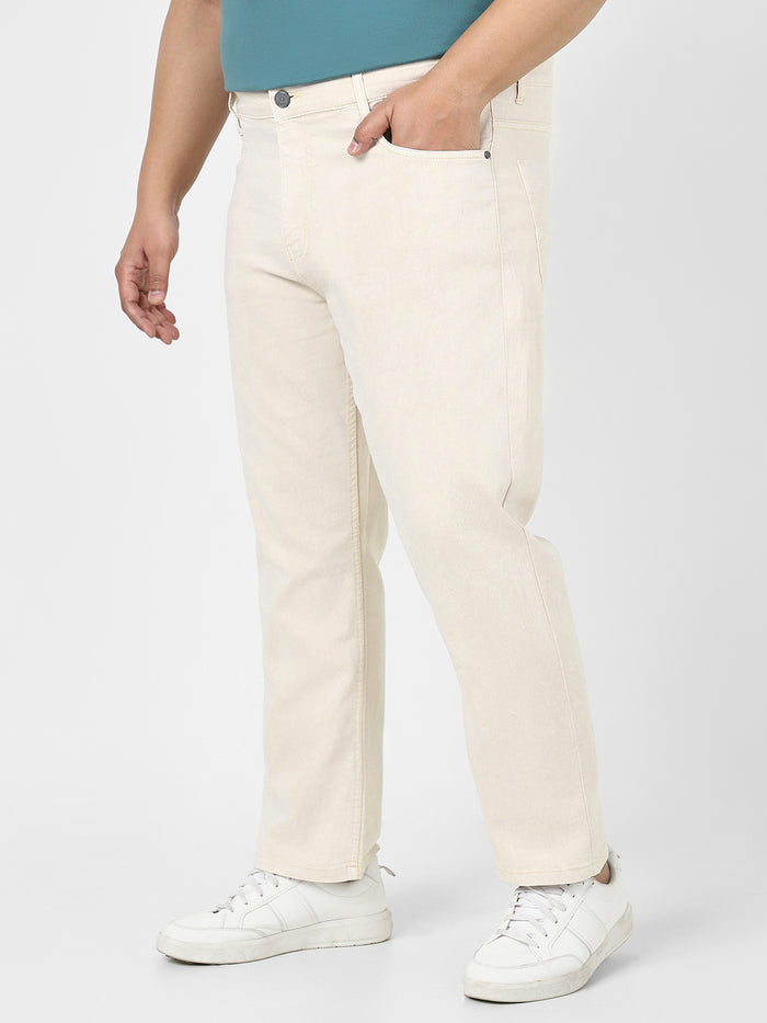 Plus Men's Ecru Straight Fit Washed Jeans Stretchable