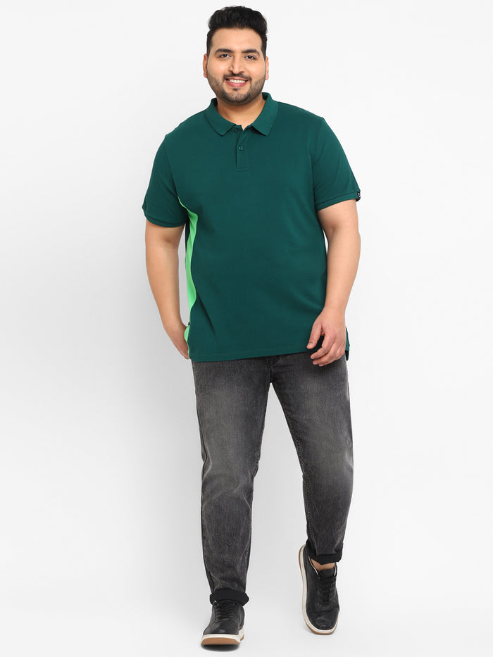 Plus Men's Green Colour-Block Regular Fit Half Sleeve Cotton Polo T-Shirt