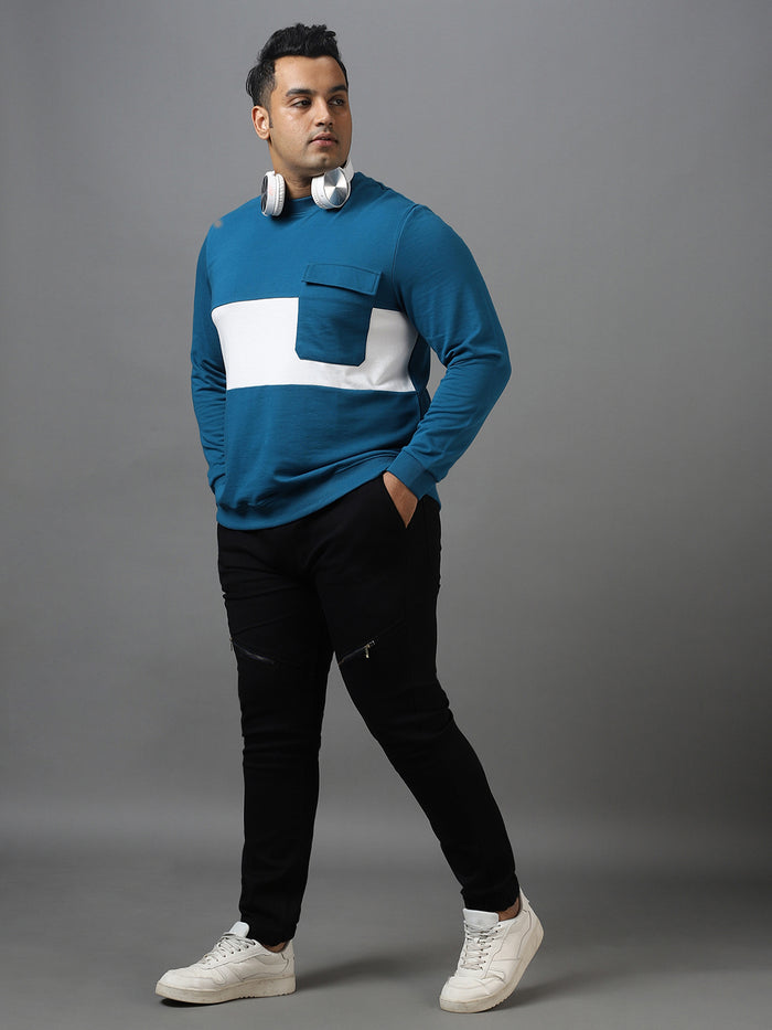 Plus Men's Green Cotton Color Block Round Neck Sweatshirt
