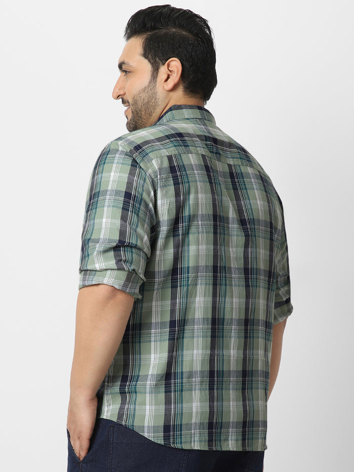 Plus Men's Green Cotton Full Sleeve Regular Fit Casual Checkered Shirt