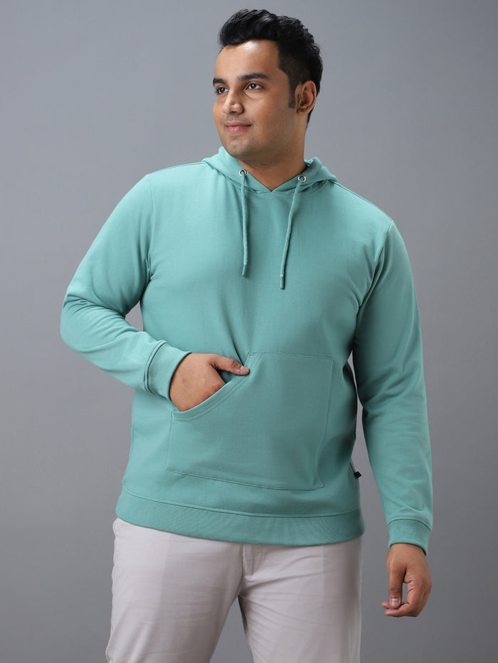 Plus Men's Green Cotton Solid Hooded Neck Sweatshirt