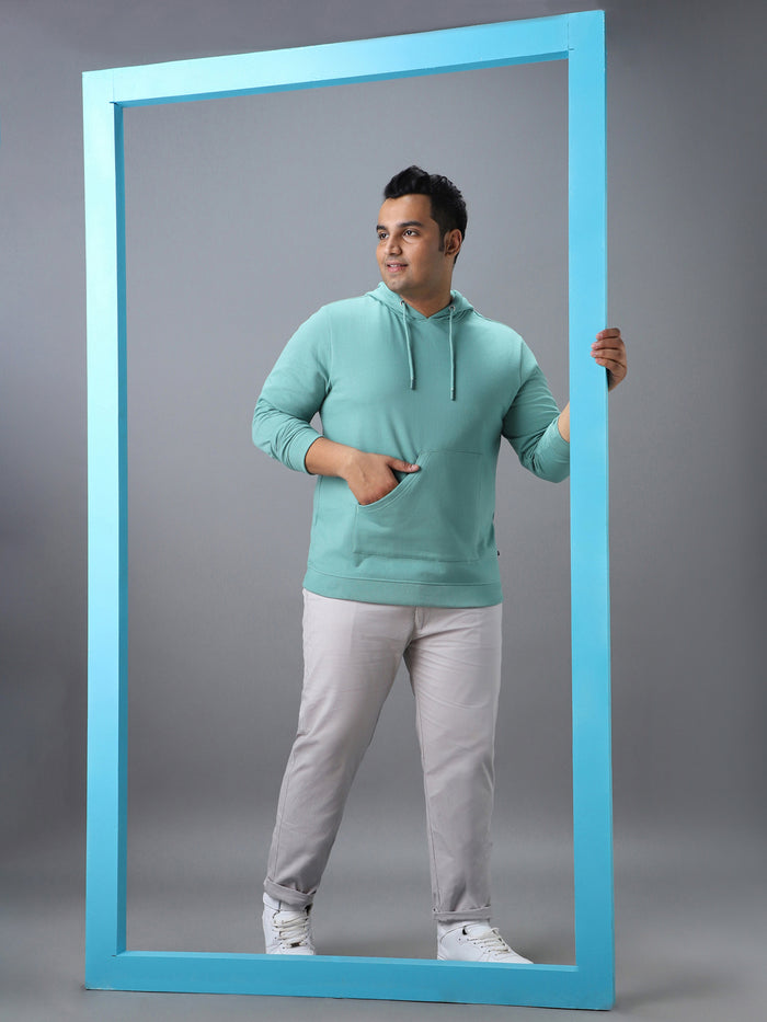 Plus Men's Green Cotton Solid Hooded Neck Sweatshirt