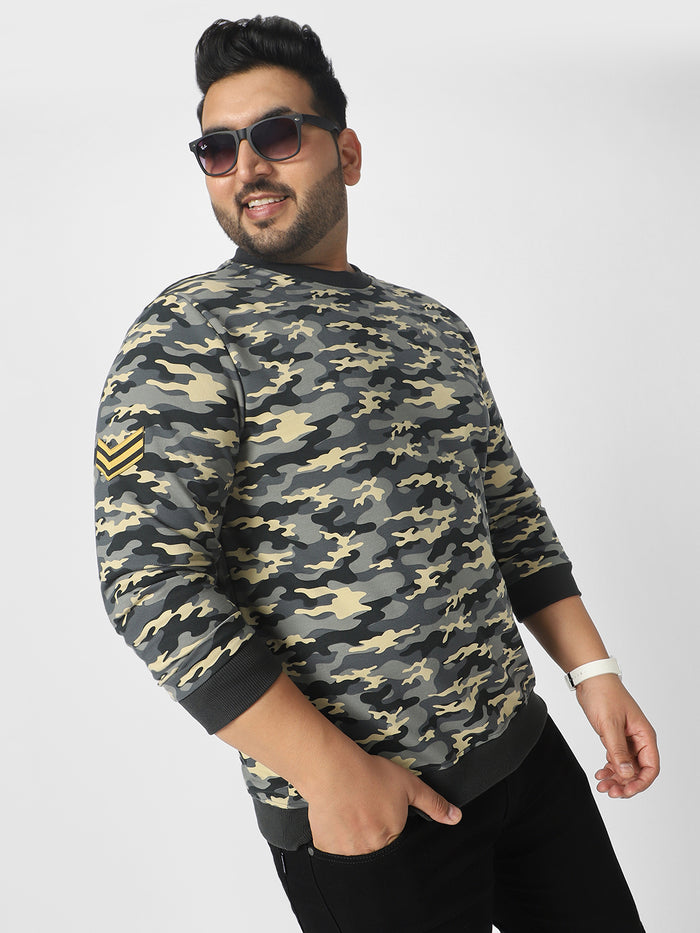 Plus Men's Grey Cotton Camouflage Printed Round Neck Sweatshirt