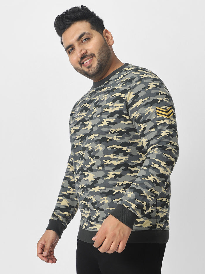Plus Men's Grey Cotton Camouflage Printed Round Neck Sweatshirt