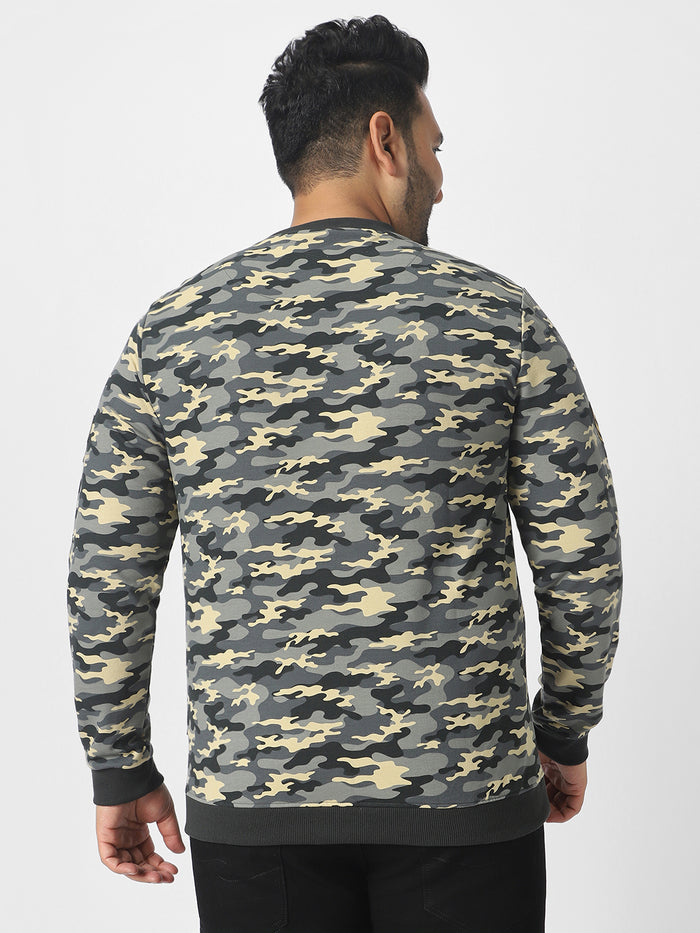 Plus Men's Grey Cotton Camouflage Printed Round Neck Sweatshirt