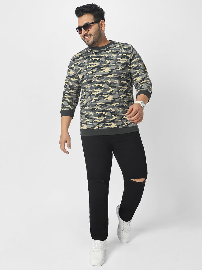 Plus Men's Grey Cotton Camouflage Printed Round Neck Sweatshirt