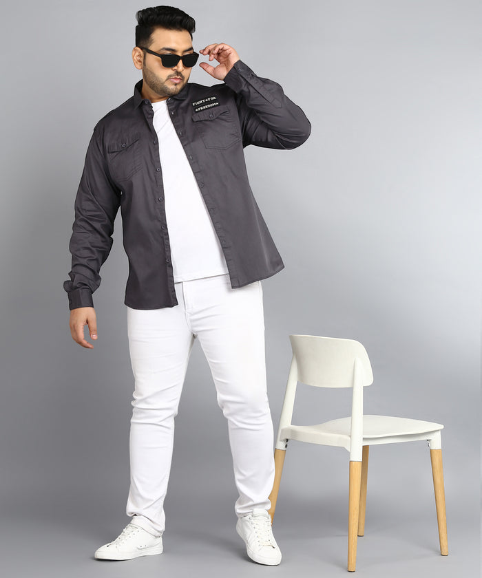 Plus Men's Grey Cotton Full Sleeve Regular Fit Casual Solid Shirt