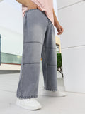 Plus Men's Grey Loose Baggy Fit Cut and Sew Panelled Jeans Non-Stretchable