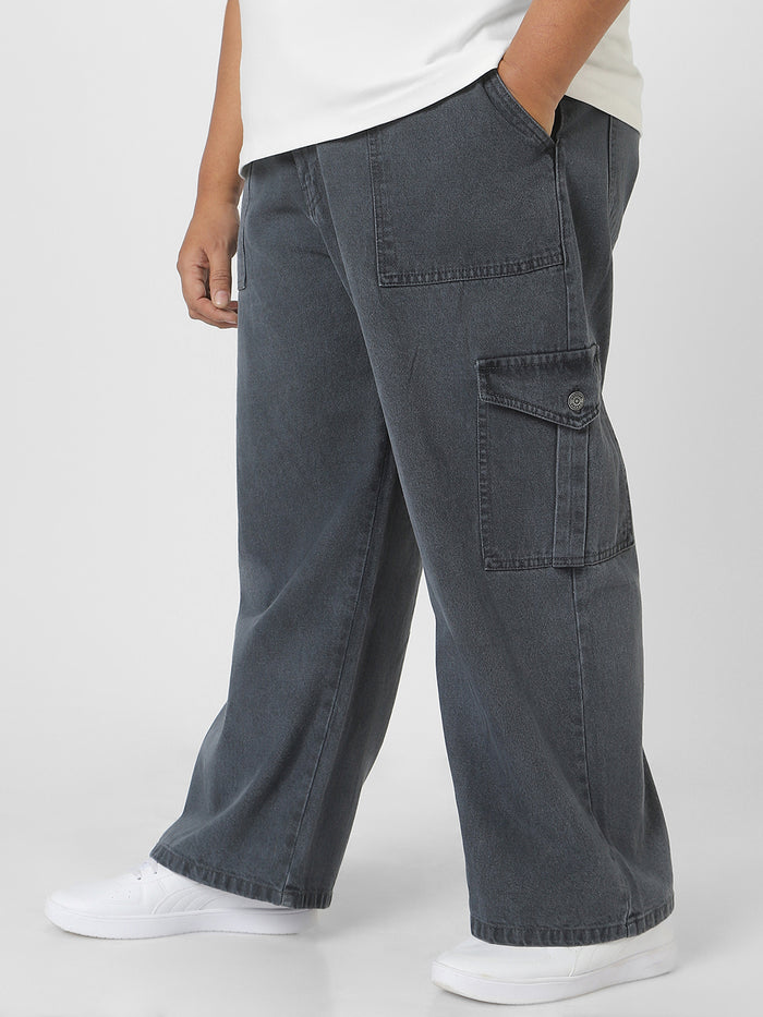 Plus Men's Grey Loose Fit Cargo Jeans with 6 Pockets Non-Stretchable