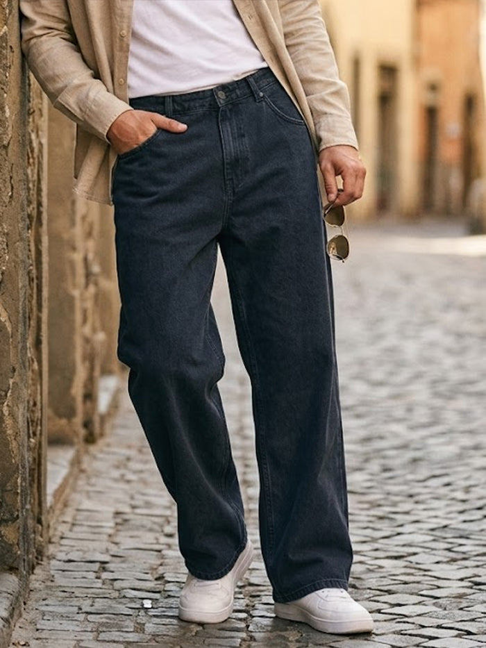 Plus Men's Grey Loose Fit Washed Jeans Non-Stretchable